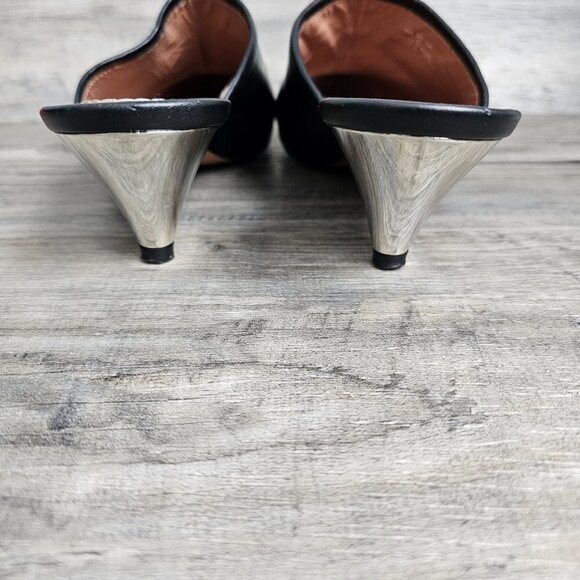 Zara Leather Black Slip On Metallic Silver Kitten Heel Mules - Picture 8 of 12